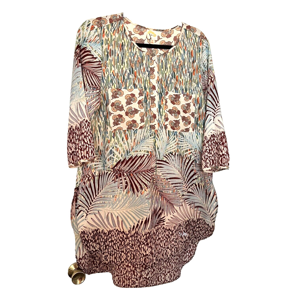 Anthropologie Fig & Flower SZ L Tropical Print 3/4 Sleeve Shirt Dress Hi-Lo Midi